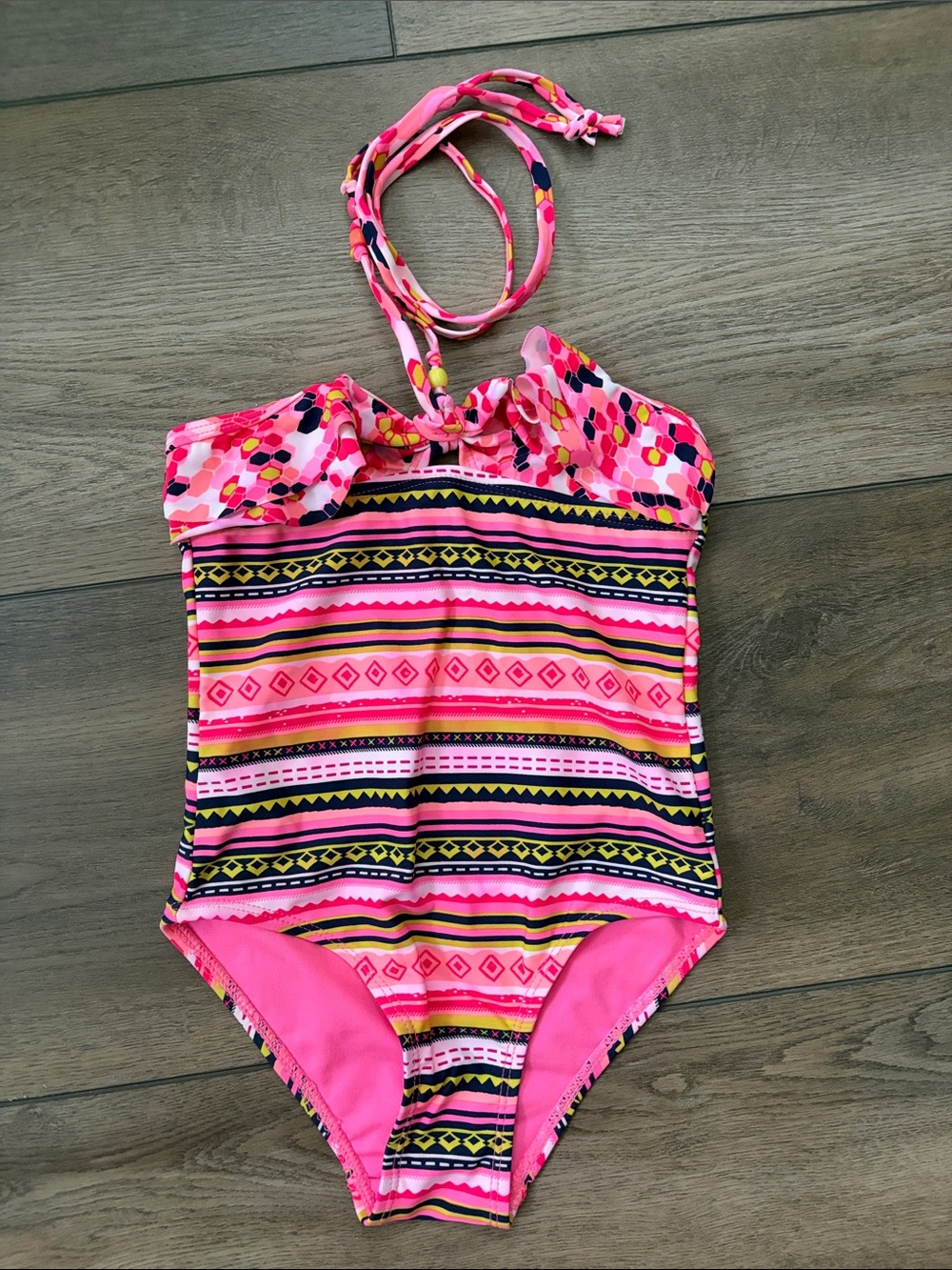 Limited Too Pink Multi-Pattern Halter One-Piece Swimsuit 5-6